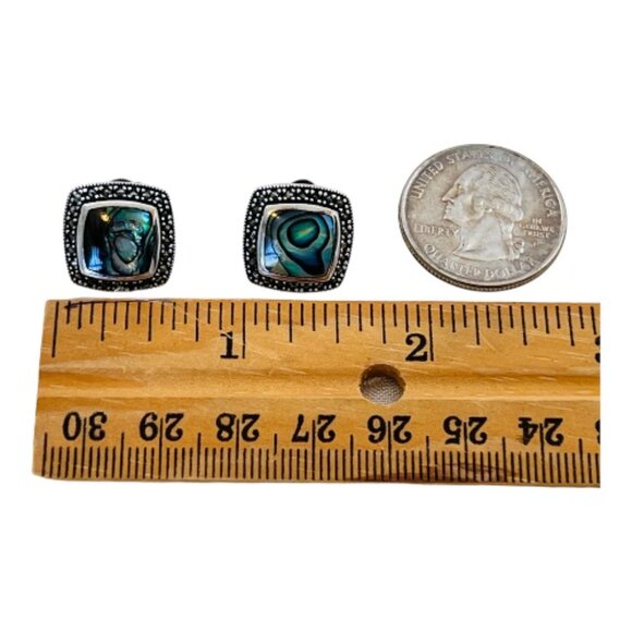 Sterling Silver 925 Abalone & Marcasite Pierced Earrings Signed KTH, 7.6 grams - Picture 4 of 9